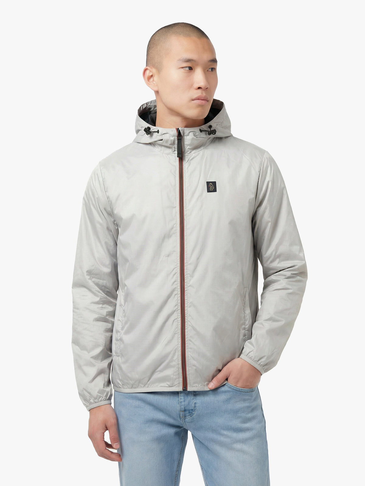 Men's grey jacket with zip-up front, back view