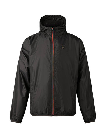 Men's black jacket with zip-up front.