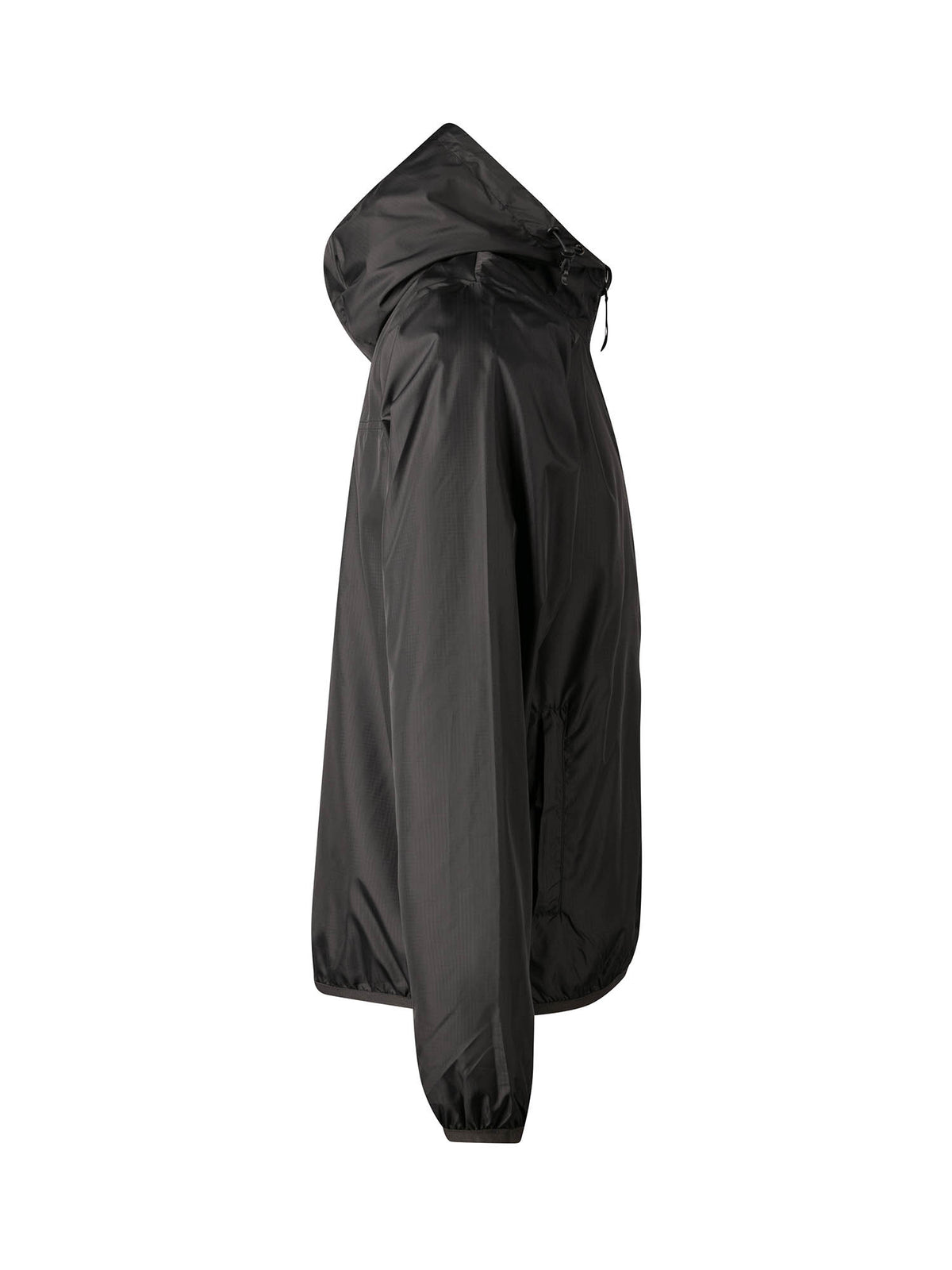Men's black jacket with zip-up front.