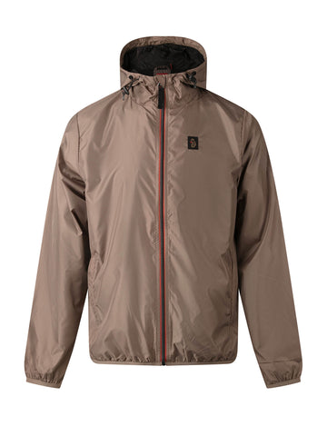 Men's brown jacket with zip-up front.