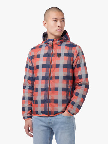 Men's orange jacket with zip-up front, front view