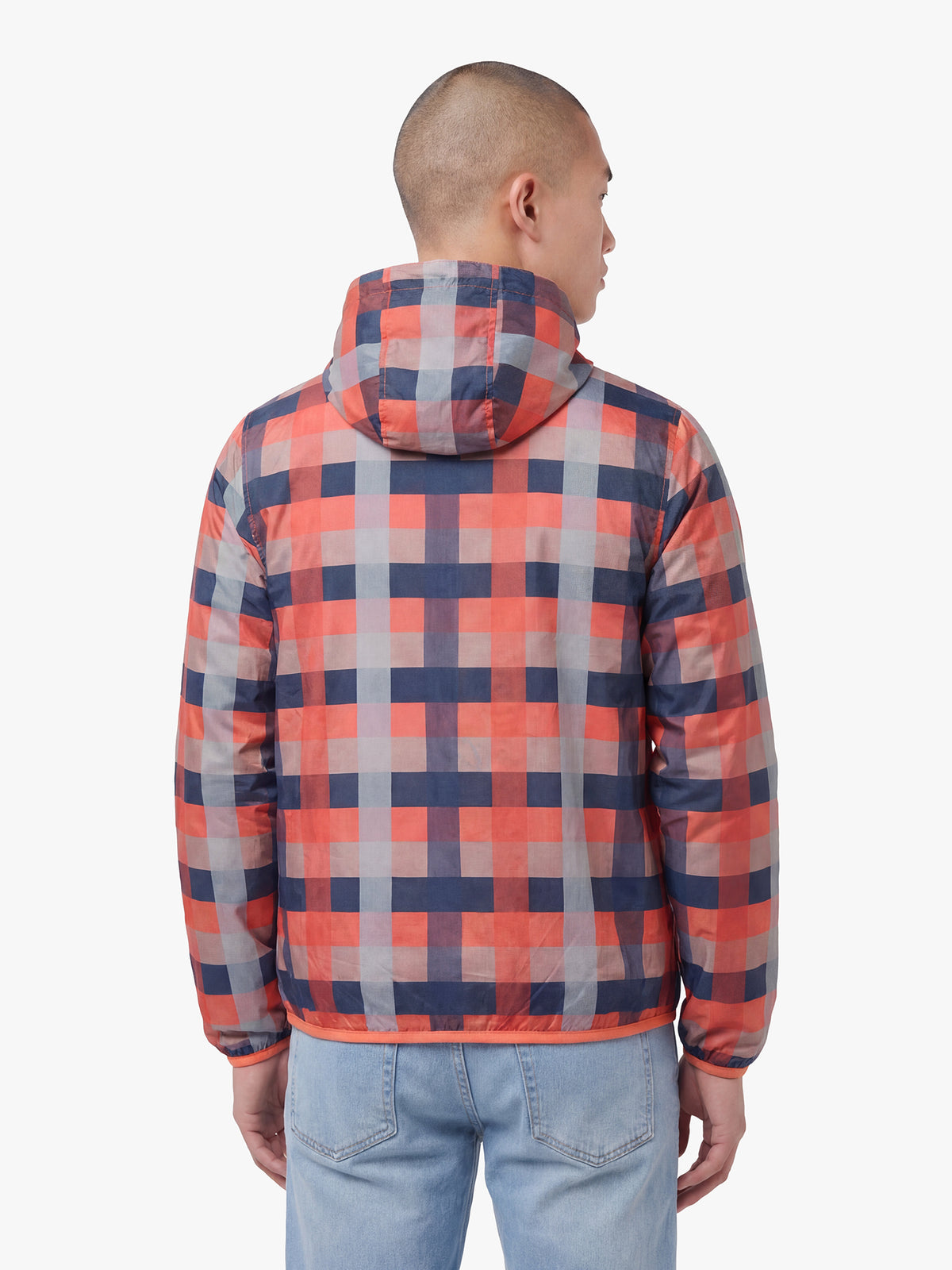 Men's orange jacket with zip-up front, back view