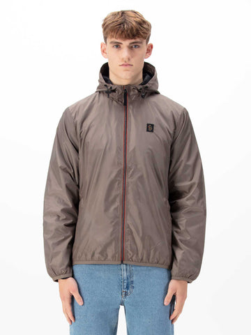Men's brown jacket with zip-up front.