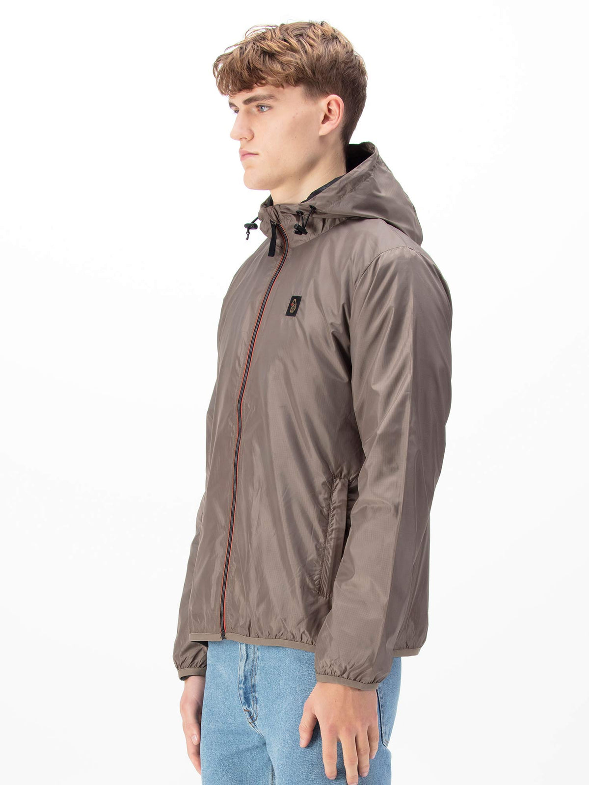 Men's brown jacket with zip-up front.
