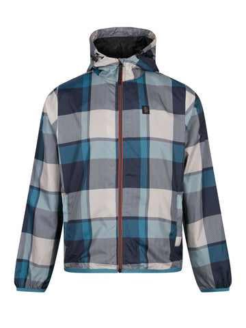 Men's blue jacket with zip-up front, front view