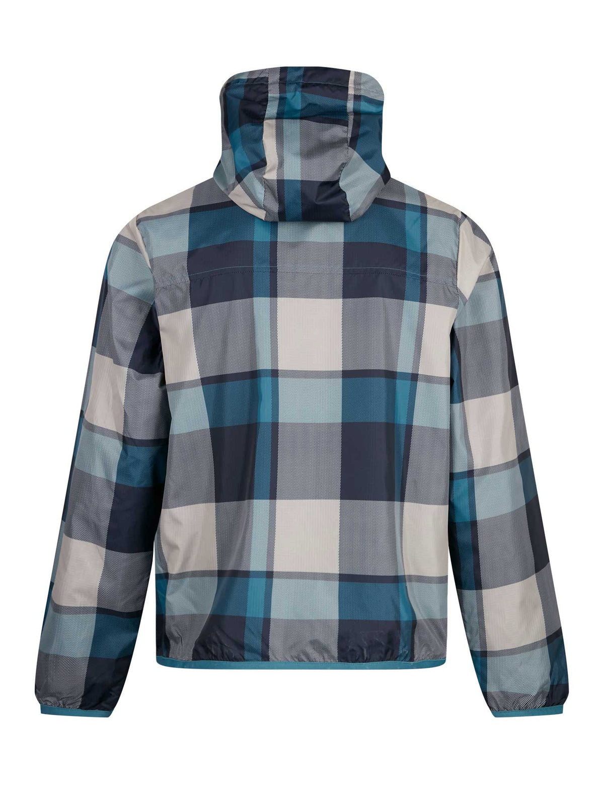Men's blue jacket with zip-up front, back view