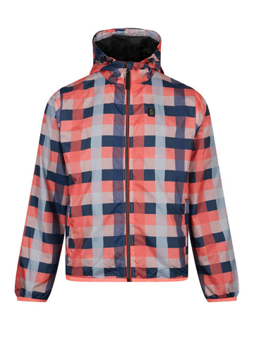 Men's orange jacket with zip-up front, front view