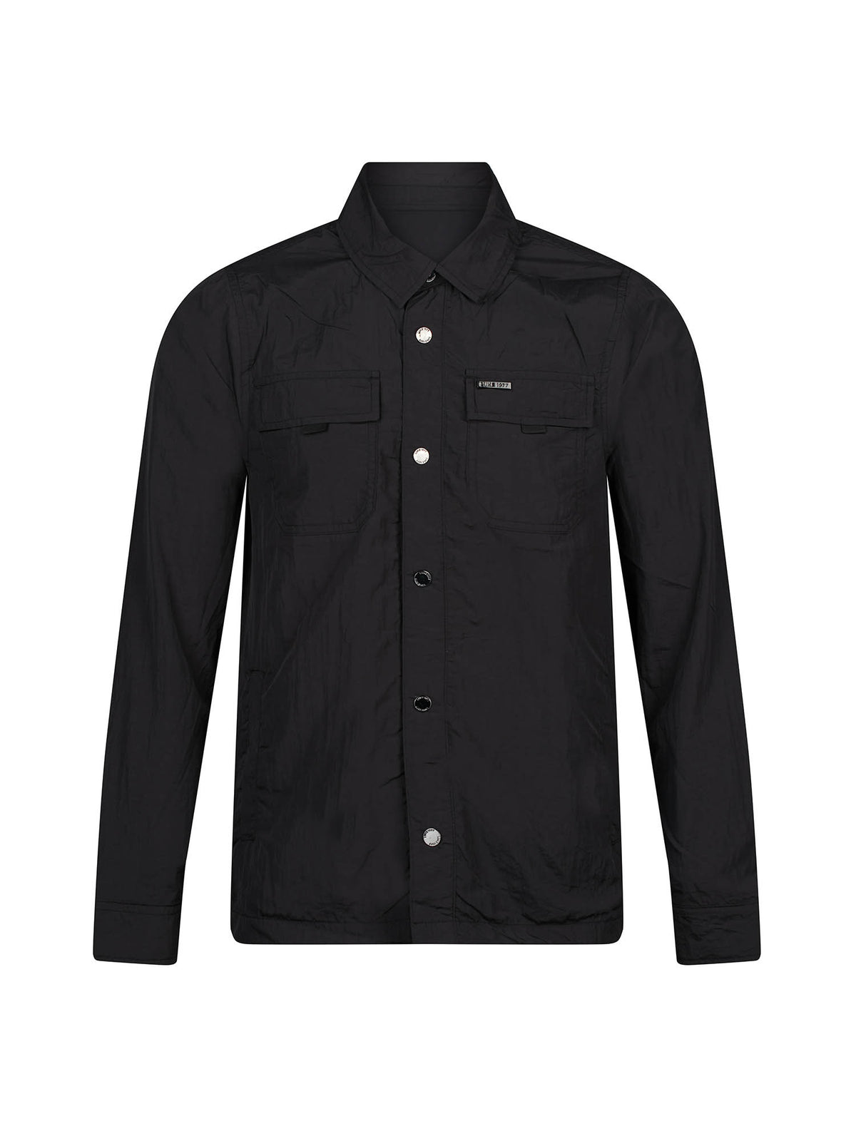 Men's black jacket with button-up front and chest pocket.