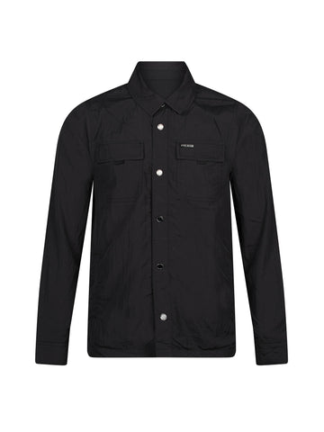 Men's black jacket with button-up front and chest pocket.
