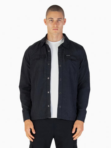 Men's black jacket with button-up front and chest pocket.