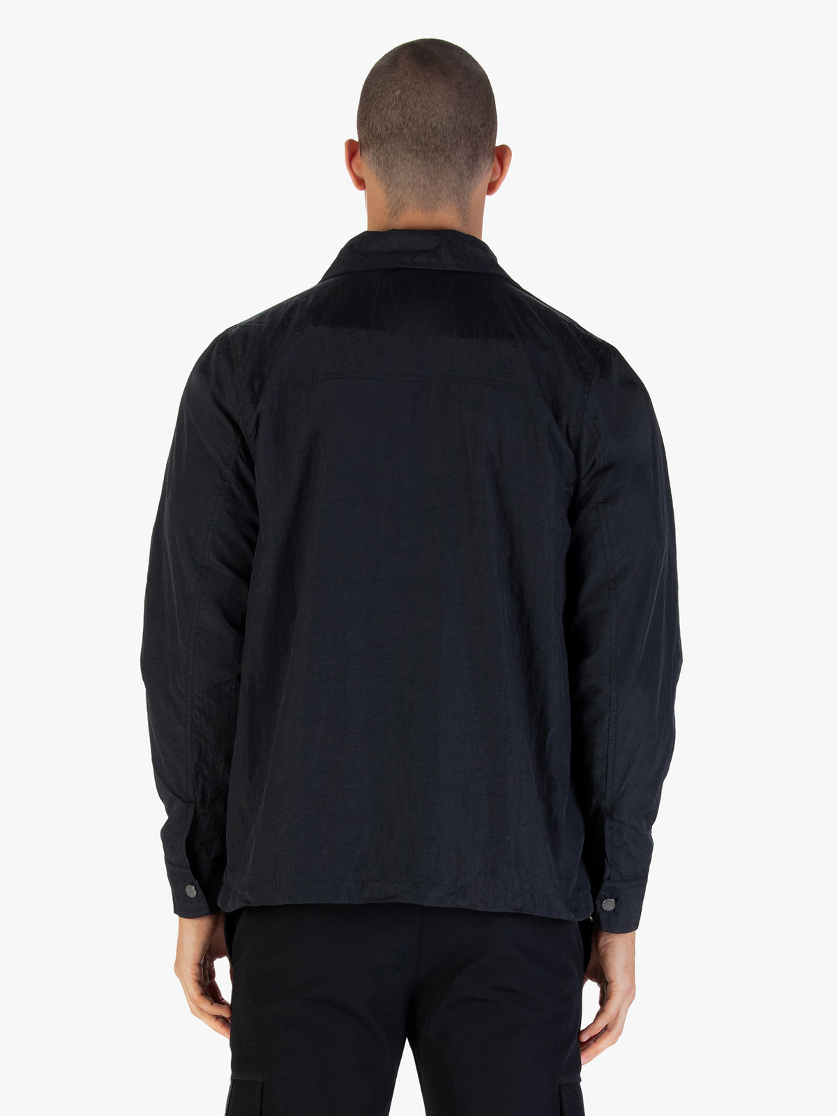 Men's black jacket with button-up front and chest pocket.