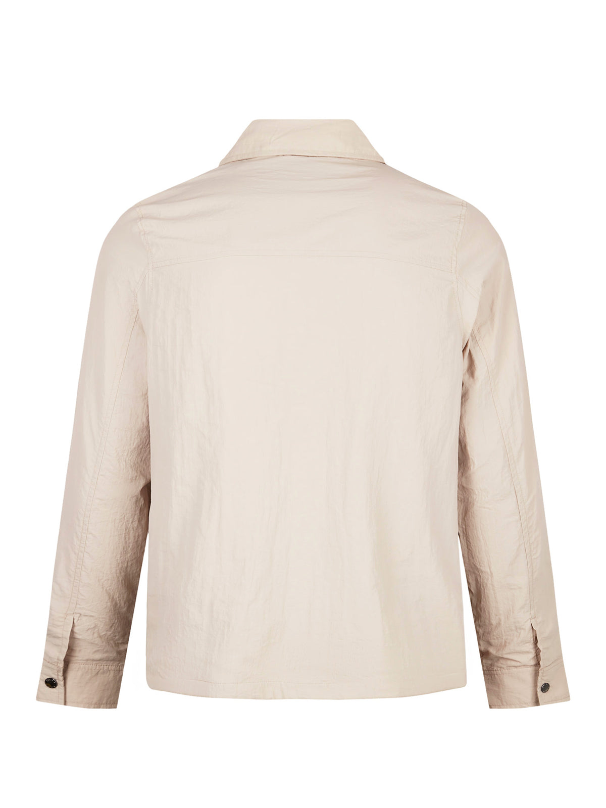 Men's beige jacket with button-up front and chest pocket, side view