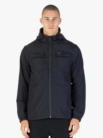 Men's black jacket with front pocket.