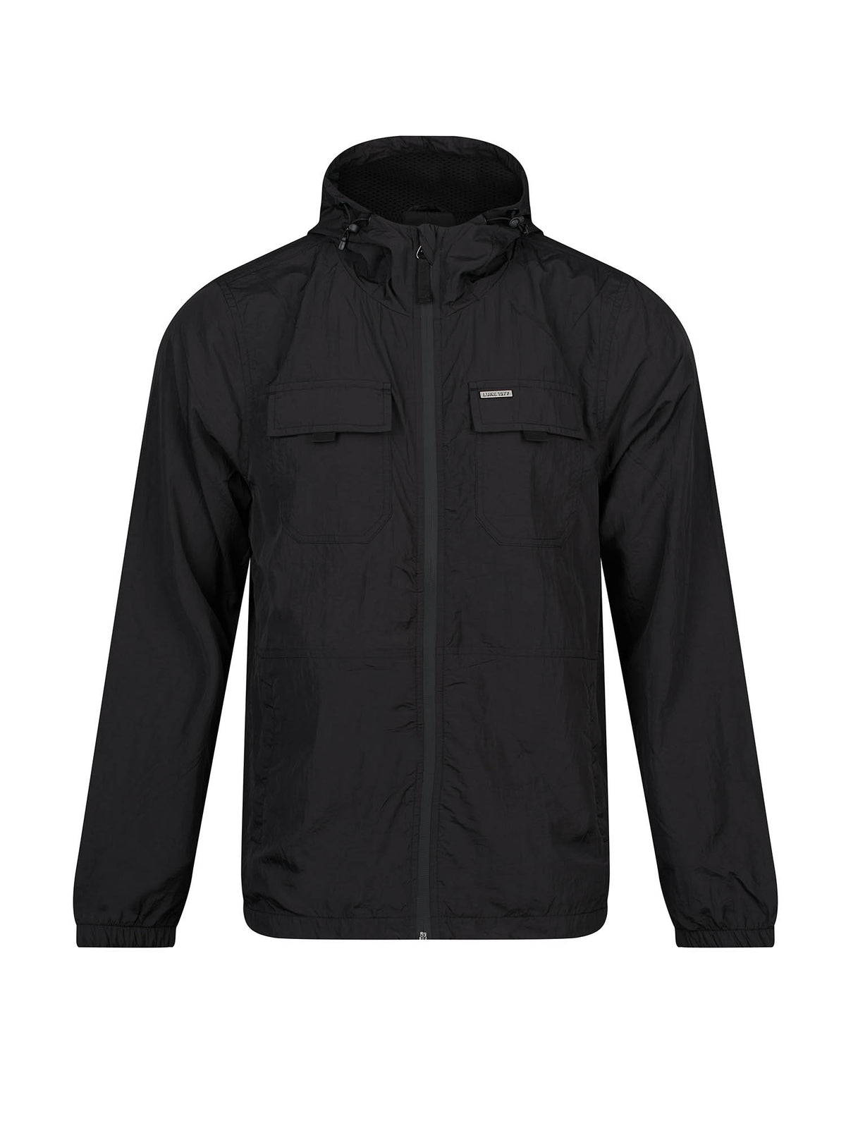 Men's black jacket with front pocket.
