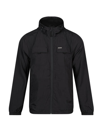 Men's black jacket with front pocket.