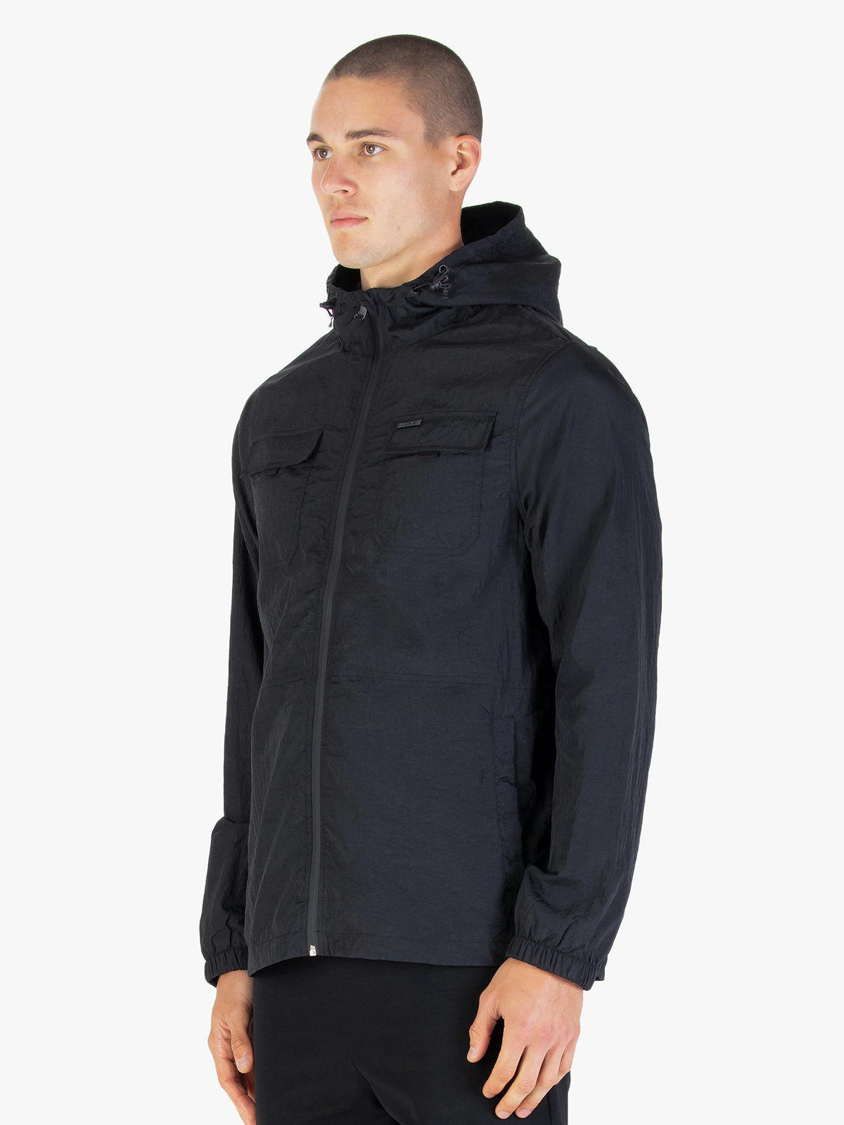 Men's black jacket with front pocket.