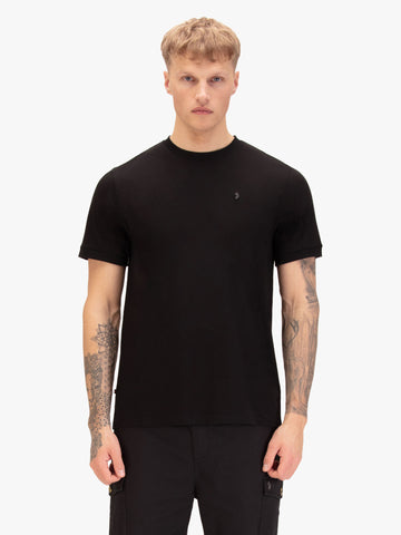 Men's black t-shirt with crew neck and short sleeves, worn by a model, front view