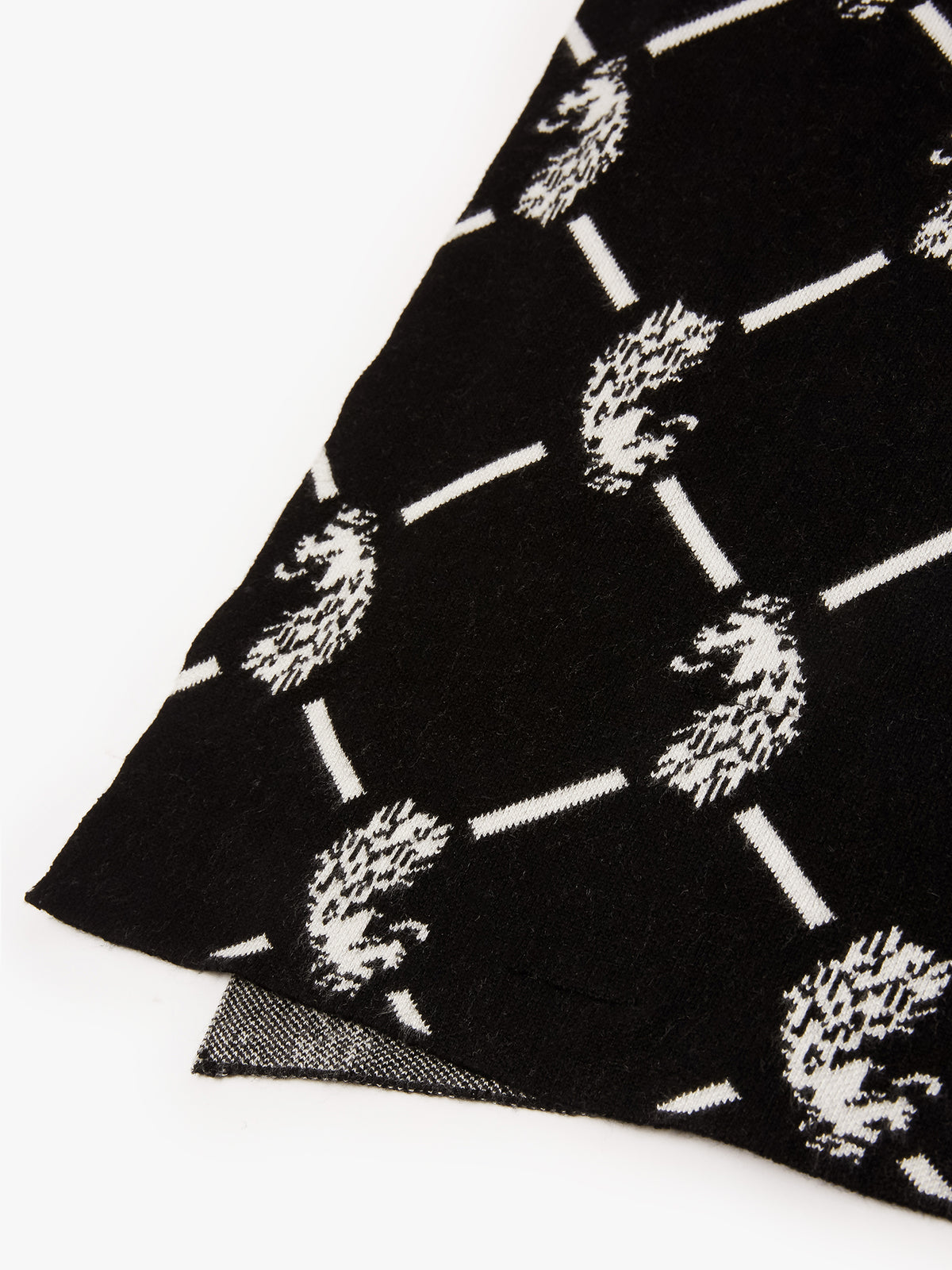 Close-up of white LUKE lion head repeat pattern on black Repeat scarf