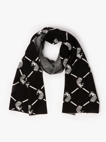 LUKE 1977 Repeat men's scarf in black with white lion head repeat pattern