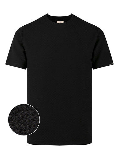 Men's black t-shirt with crew neck and short sleeves.