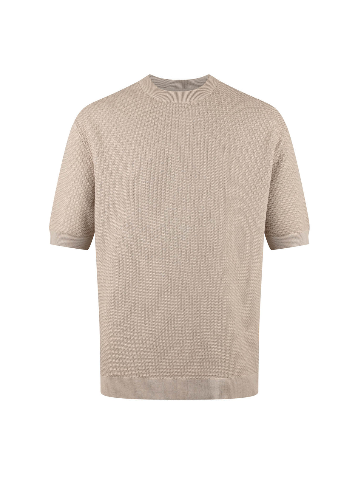 Men's beige t-shirt with crew neck and short sleeves - front view.