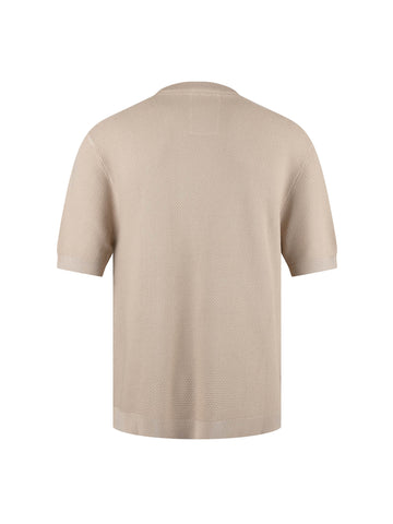 Men's beige t-shirt with crew neck and short sleeves worn by a model - front view.