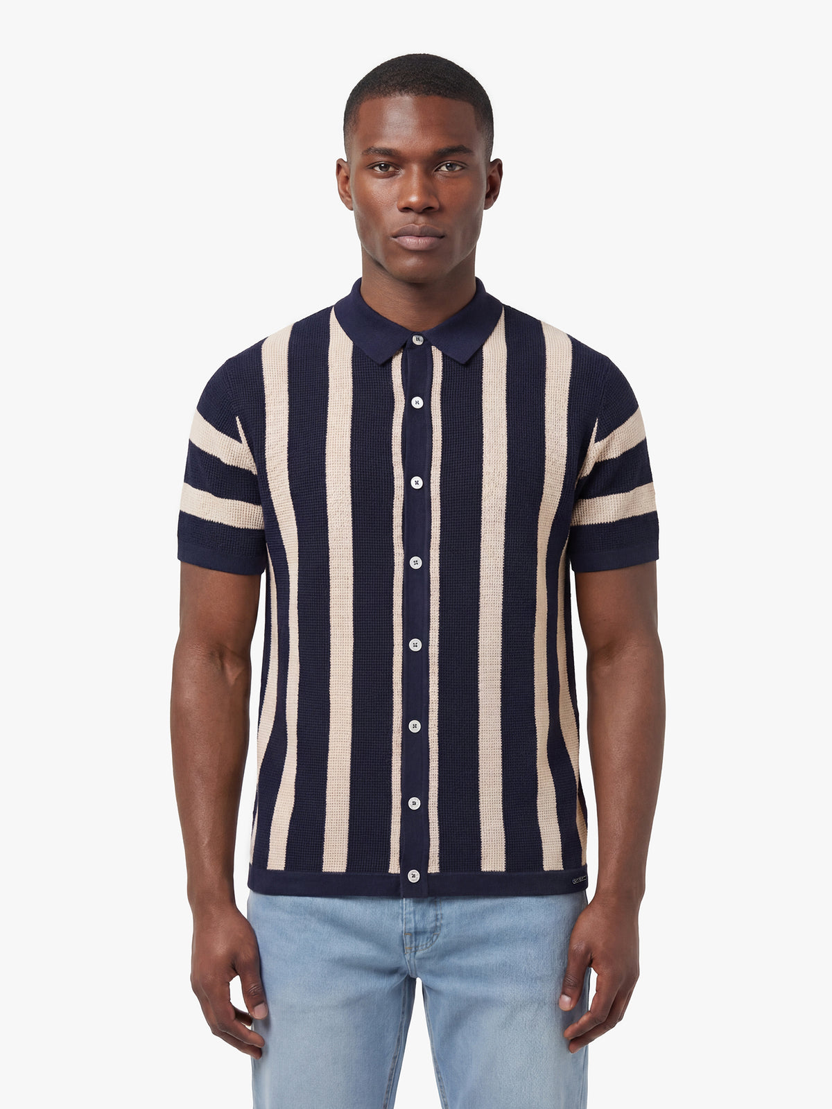 Men's navy knitted polo with polo collar, front view