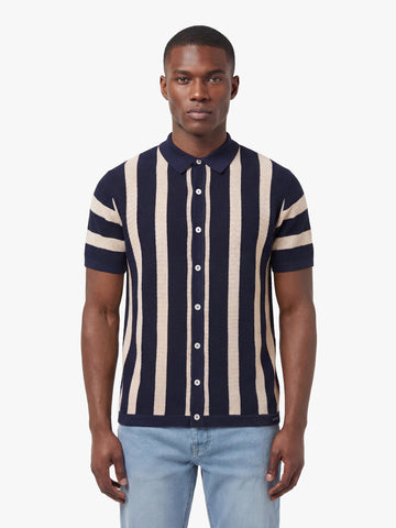 Men's navy knitted polo with polo collar, front view