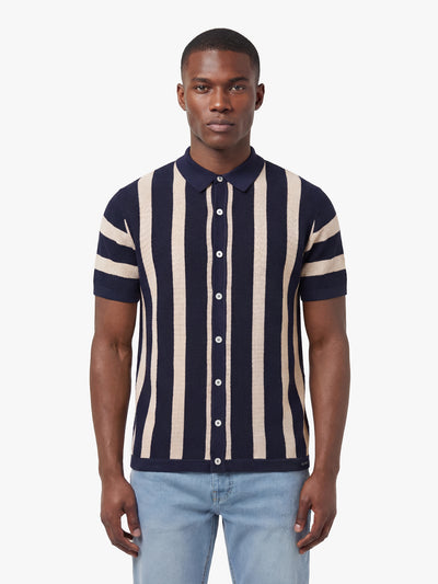 Men's navy knitted polo with polo collar, front view