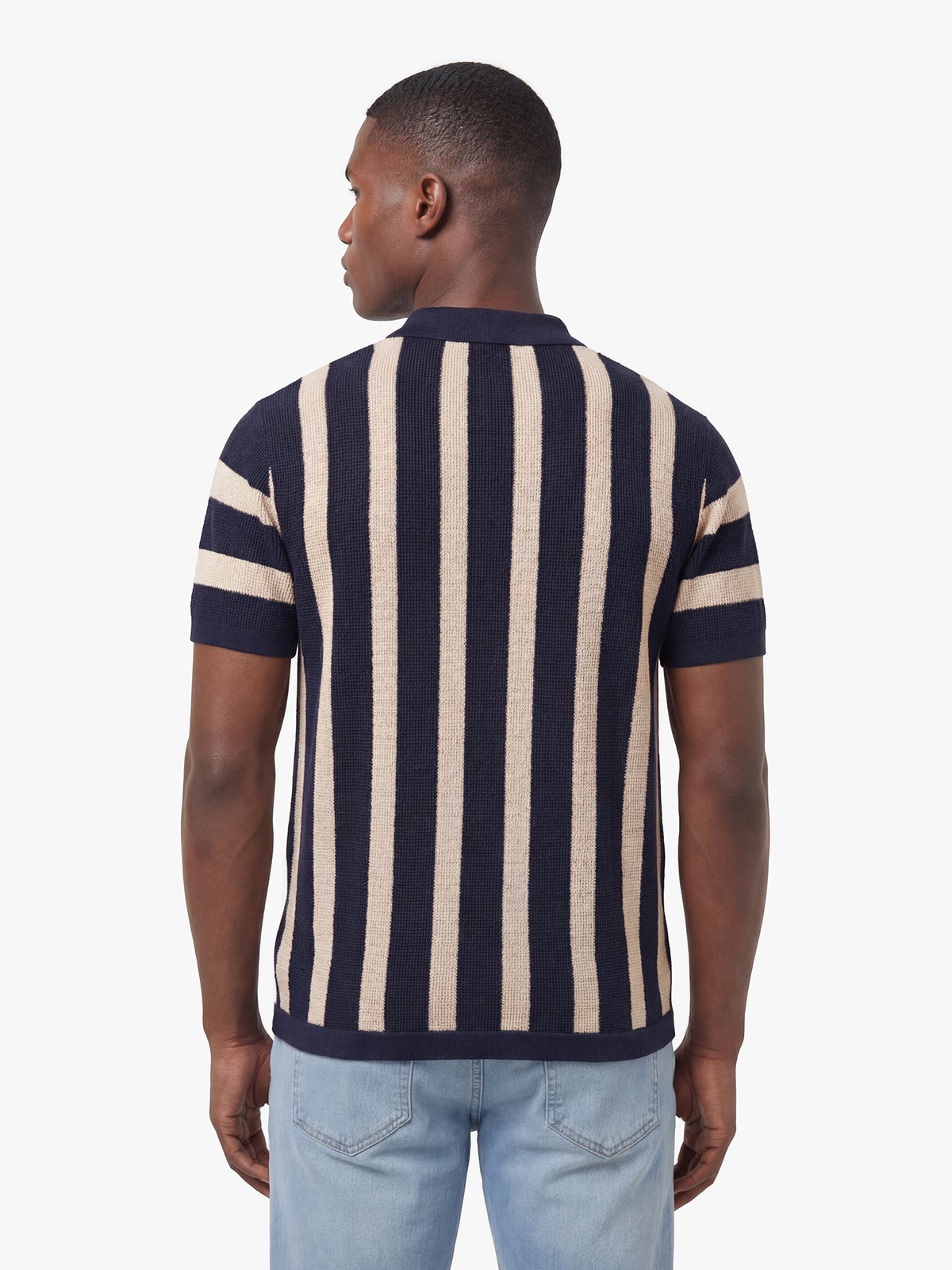 Men's navy knitted polo with polo collar, back view