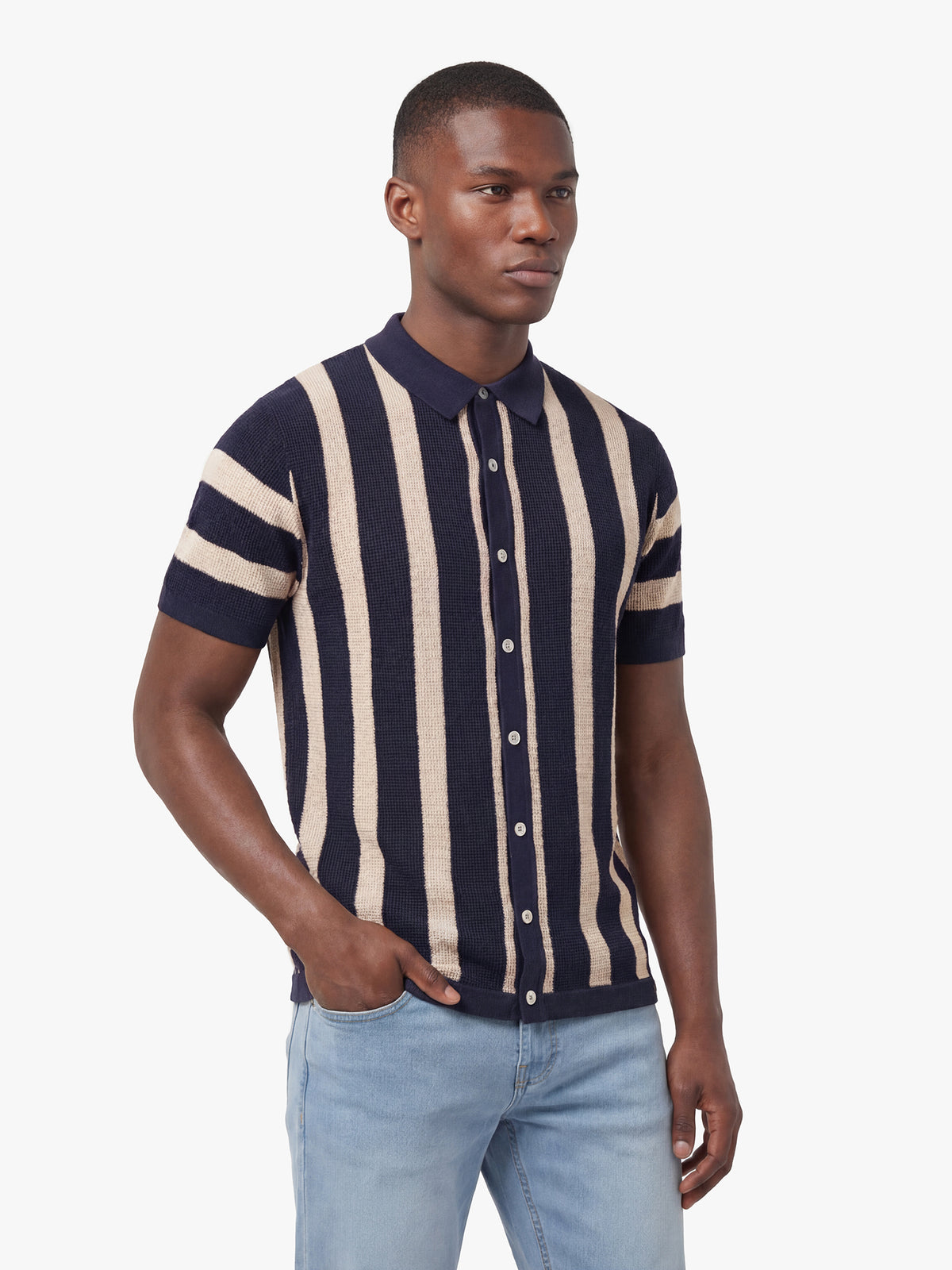 Men's navy knitted polo with polo collar, detail view 1