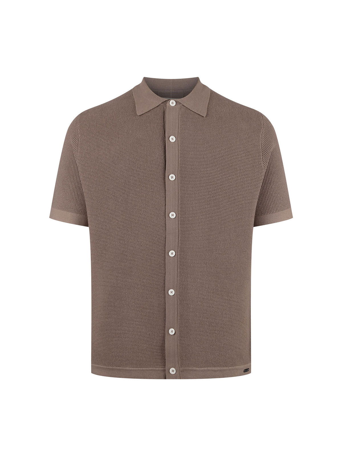 Men's brown knitted polo with polo collar.