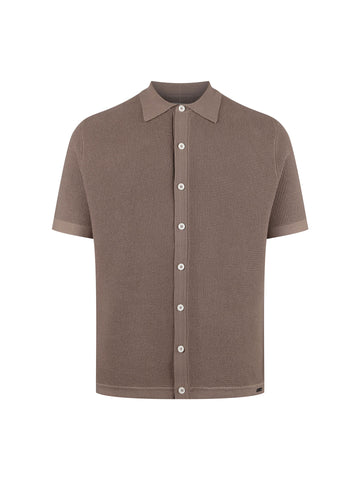 Men's brown knitted polo with polo collar.