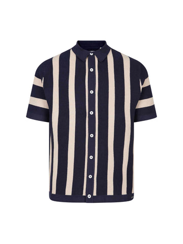Men's navy knitted polo with polo collar, front view