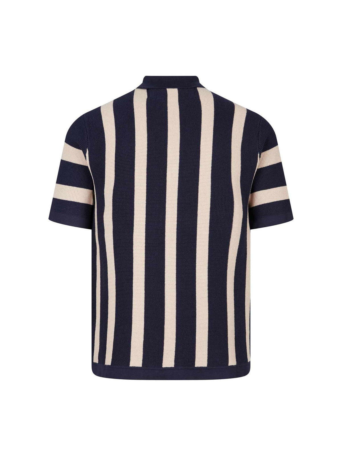 Men's navy knitted polo with polo collar, back view