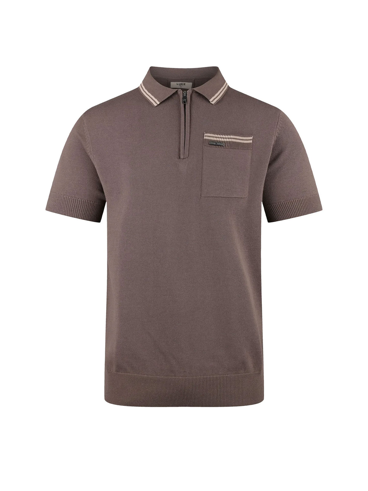 Men's brown knitted polo with polo collar.