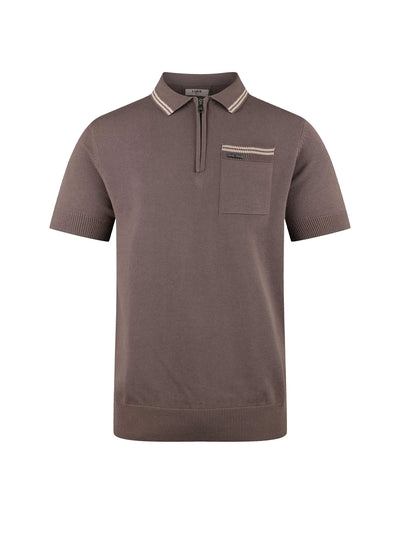 Men's brown knitted polo with polo collar.