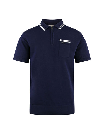 Men's navy knitted polo with polo collar.