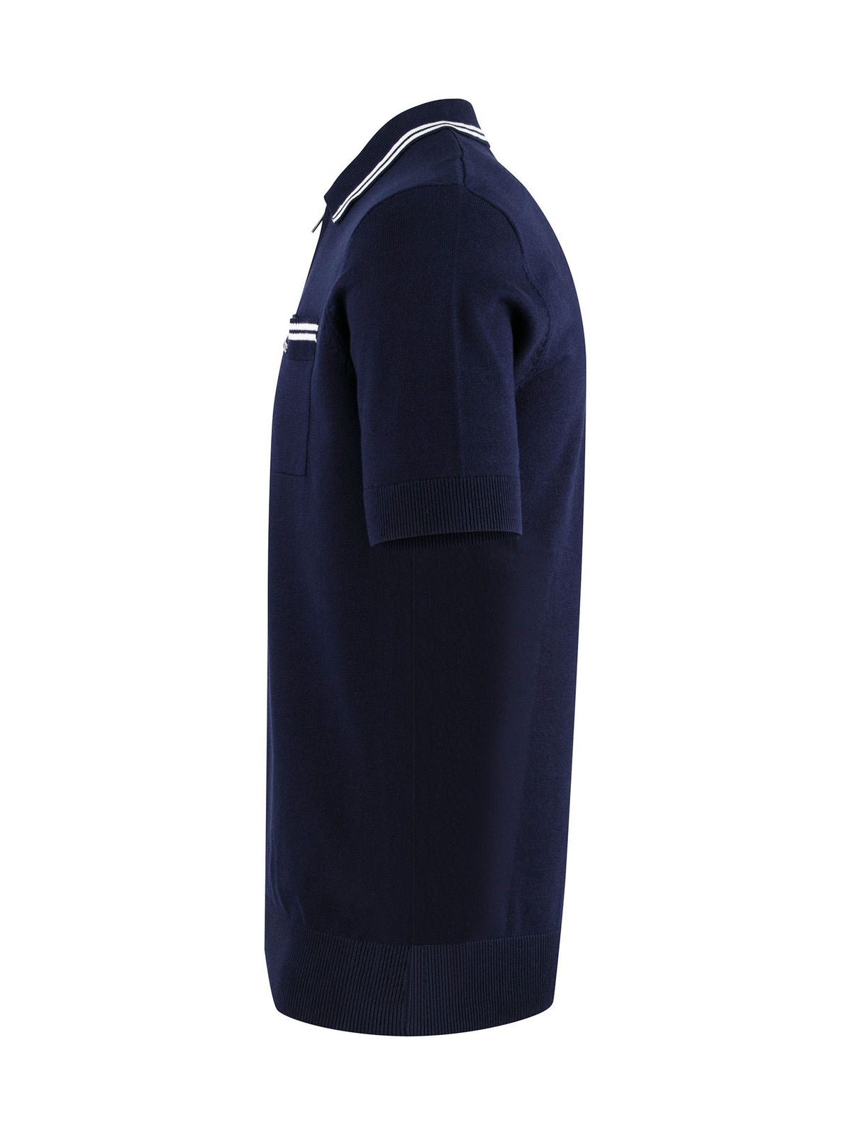 Men's navy knitted polo with polo collar.