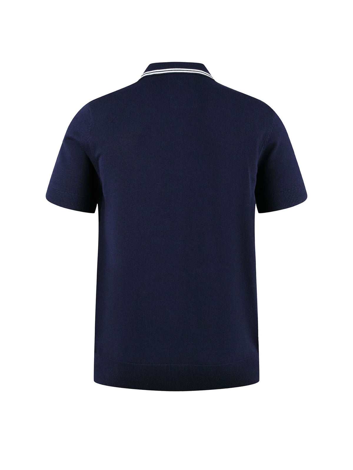 Men's navy knitted polo with polo collar.
