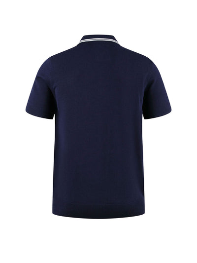 Men's navy knitted polo with polo collar.