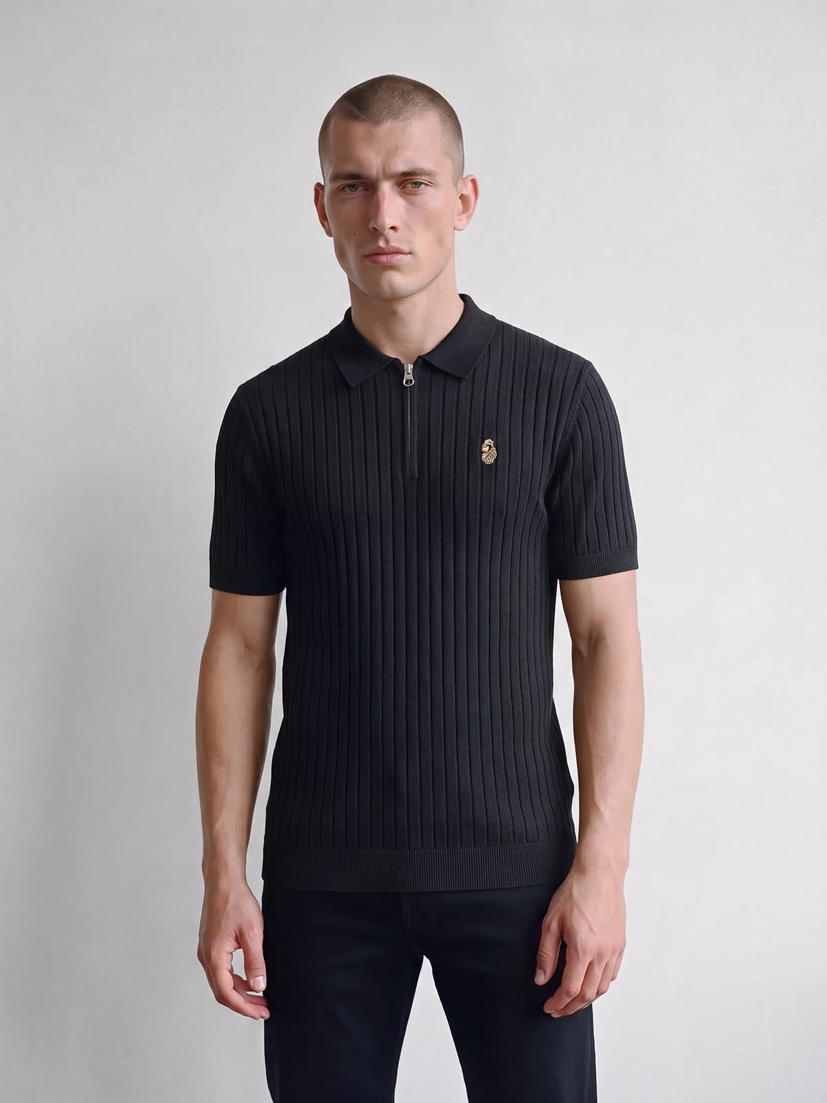 Rib Eye Knitted Polo Shirt - Black