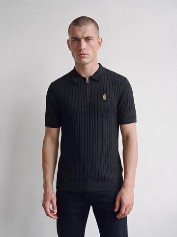 Rib Eye Knitted Polo Shirt - Black