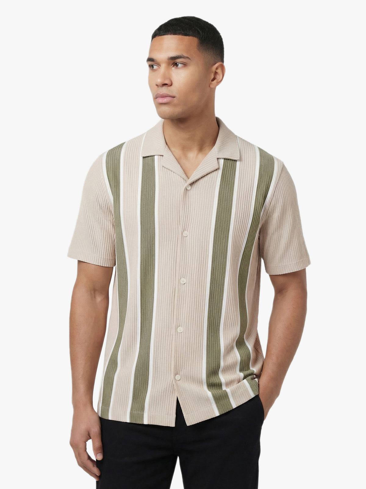 Men's relaxed-fit beige shirt with Cuban collar and button-up front, back view