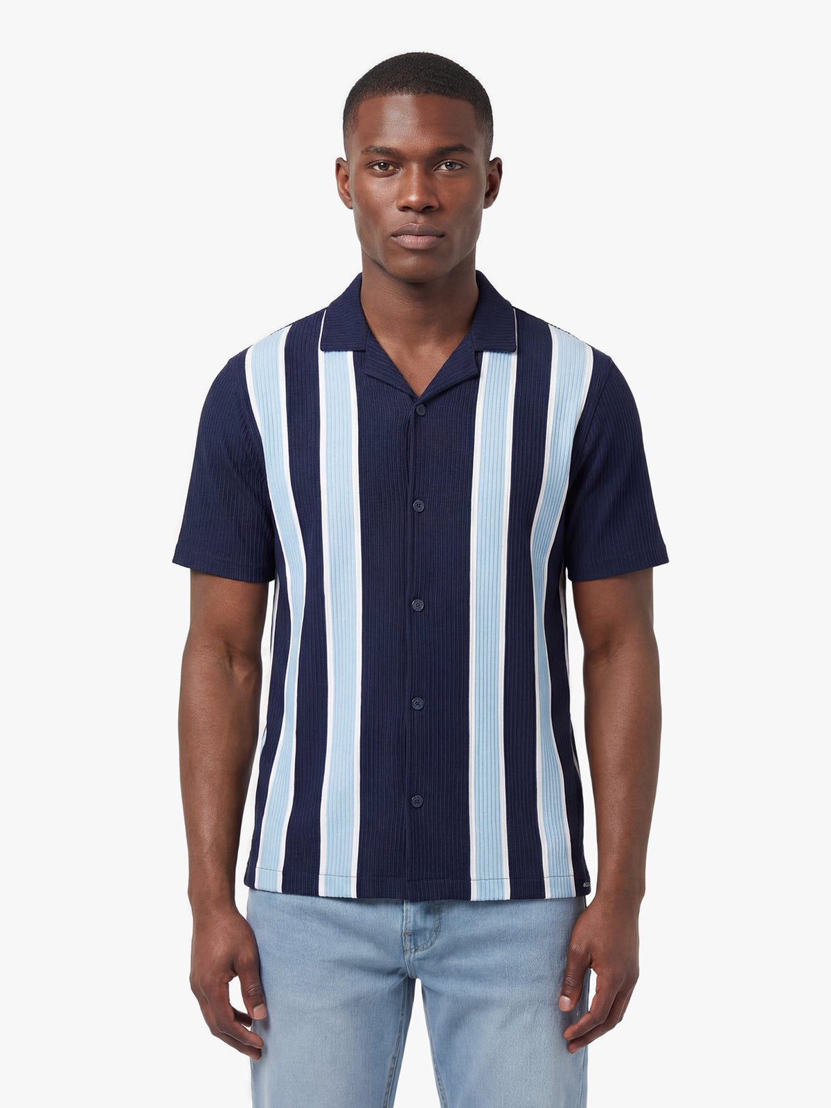 Men's relaxed-fit navy shirt with Cuban collar and button-up front, front view