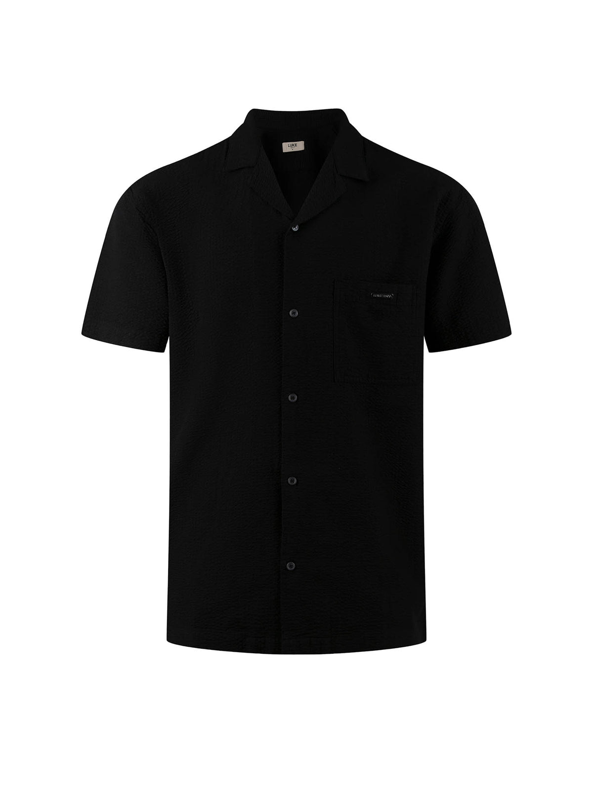 Men's black shirt with button-up front.
