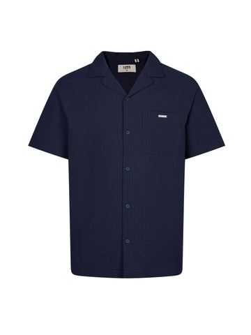 Men's navy shirt with button-up front, front view