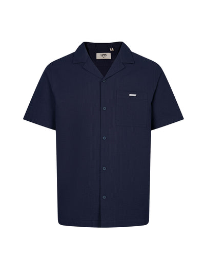 Men's navy shirt with button-up front, front view