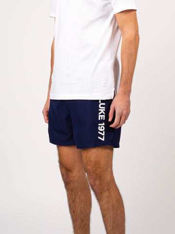Men's navy swim shorts with drawstring waistband.