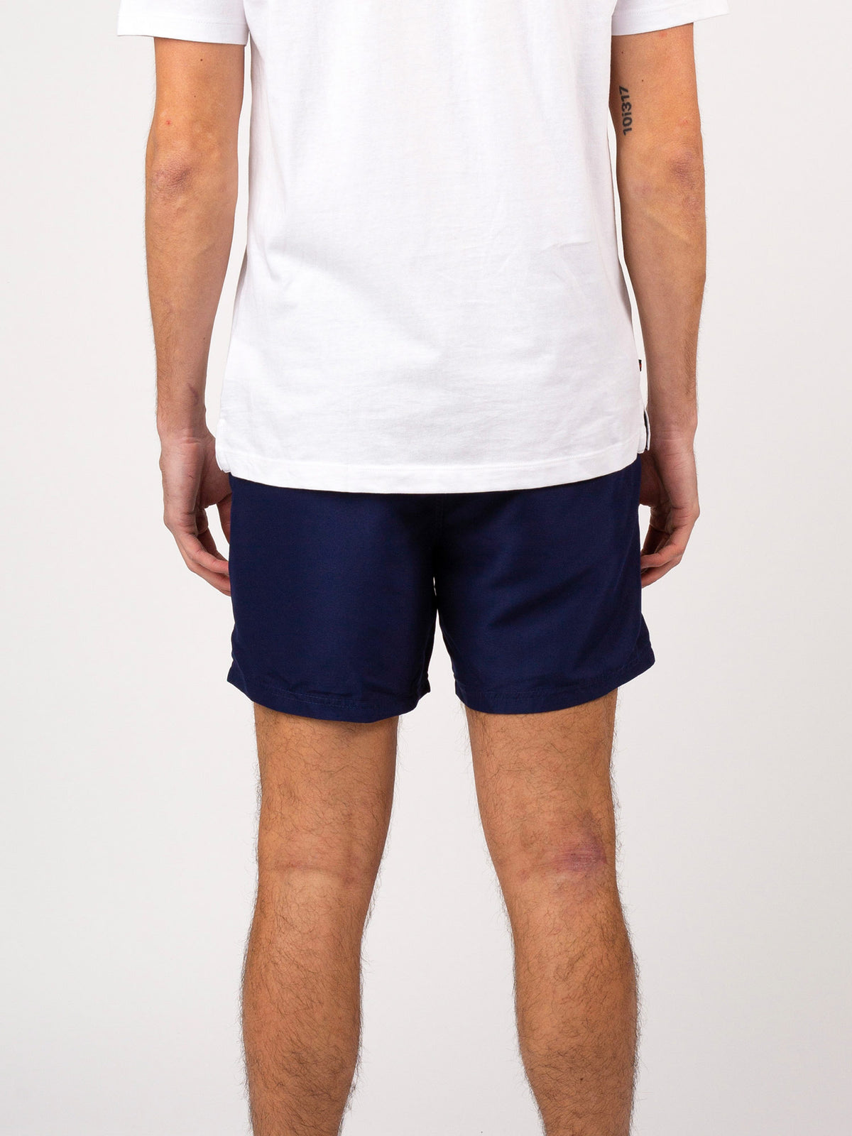 Men's navy swim shorts with drawstring waistband.